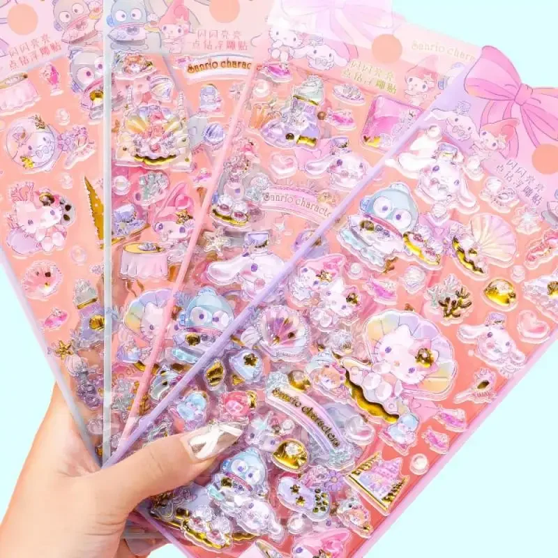 Sanrio 헬로 키티 Hangyodon 오션 테마 릴리프 스티커 환상적인 보석 3d 쉘 물고기 장식 스티커 어린이 장난감 선물