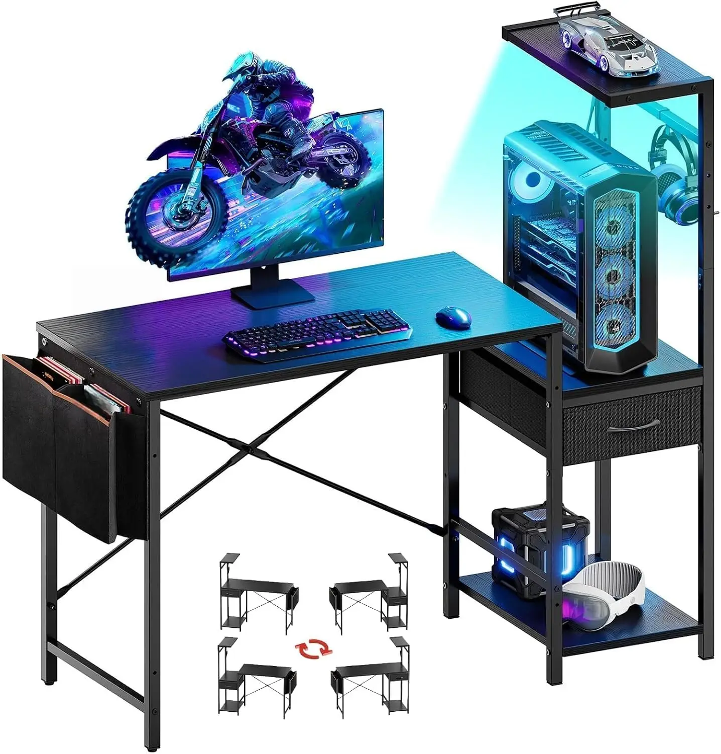 

44 Inch Gaming Desk for Small Spaces, Reversible Computer Desk with Drawers & Shelves, Modern Gamer