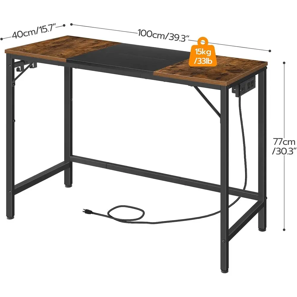 Modern Rustic Brown & Black Home Office Desk with Power Outlet and 3 Hooks for Easy Assembly
