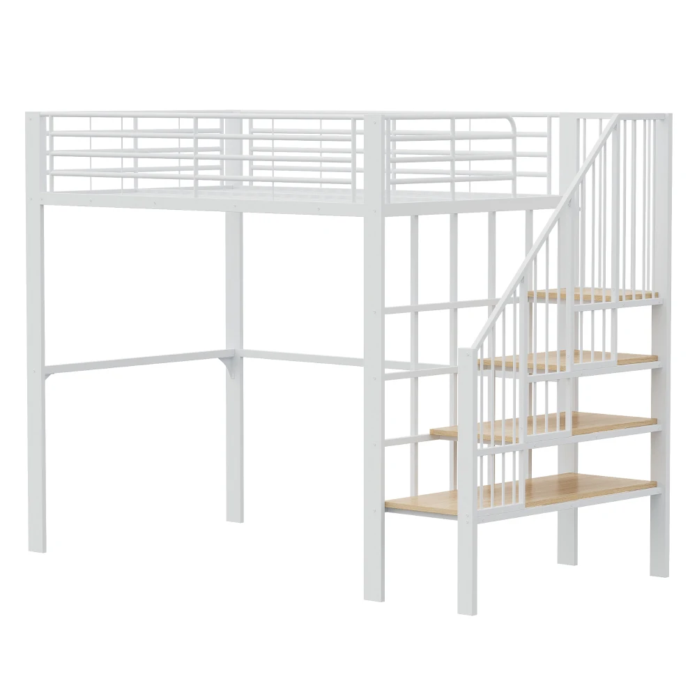 Stabiles Hochbett aus Metall, 90 x 200 cm/140 x 200 cm, mit geräumigem Stauraum unter dem Bett und Treppe für Kinder und Erwachsene, Bettgestelle und -gestelle – Detail 36