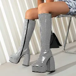 PU skóra lakierowana tygrys Zebra wzór skóry Houndstooth Checker duży rozmiar 47 48 kolana wysokie obcasy wysokie obcasy damskie buty na platformie