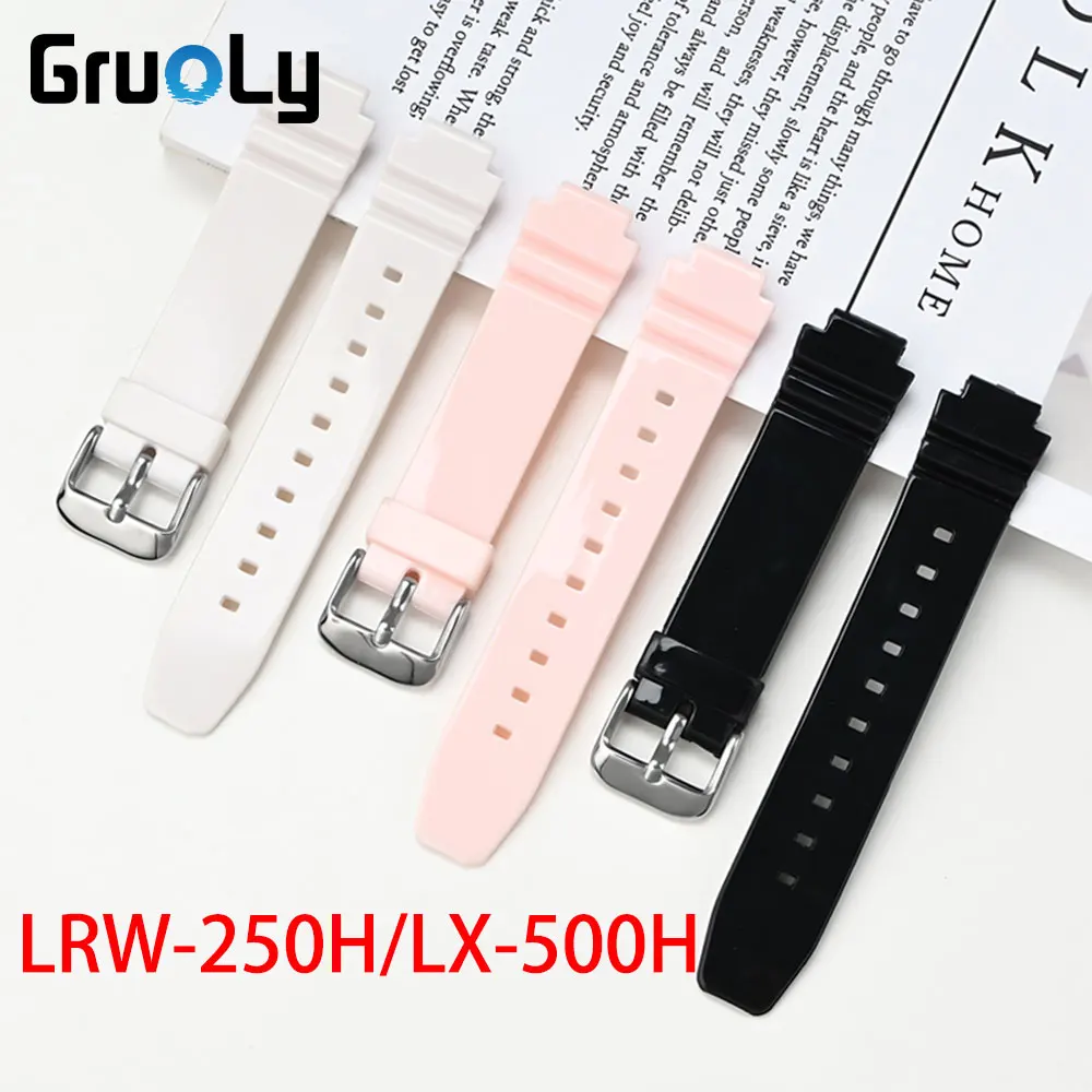 Watchband Strap For Casio LRW-250H LX-500H Replace Band Resin Rubber Women Bracelet Straps Polish White Pink Black 12mm Belt