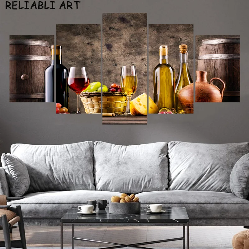 Wine Glass Barrel Fruit Food Poster and Prints Canvas Painting 5 Panels Wall Art Pictures For Living Home Room Decor No Frame