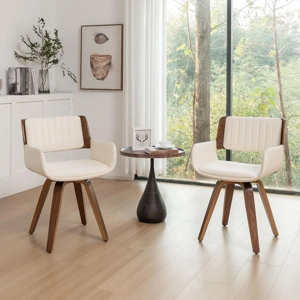 

Mid-Century Modern Leather Dining Chairs Set of 2 with Wooden Legs, Adjustable Footrests, and Green PU Upholstered Seats