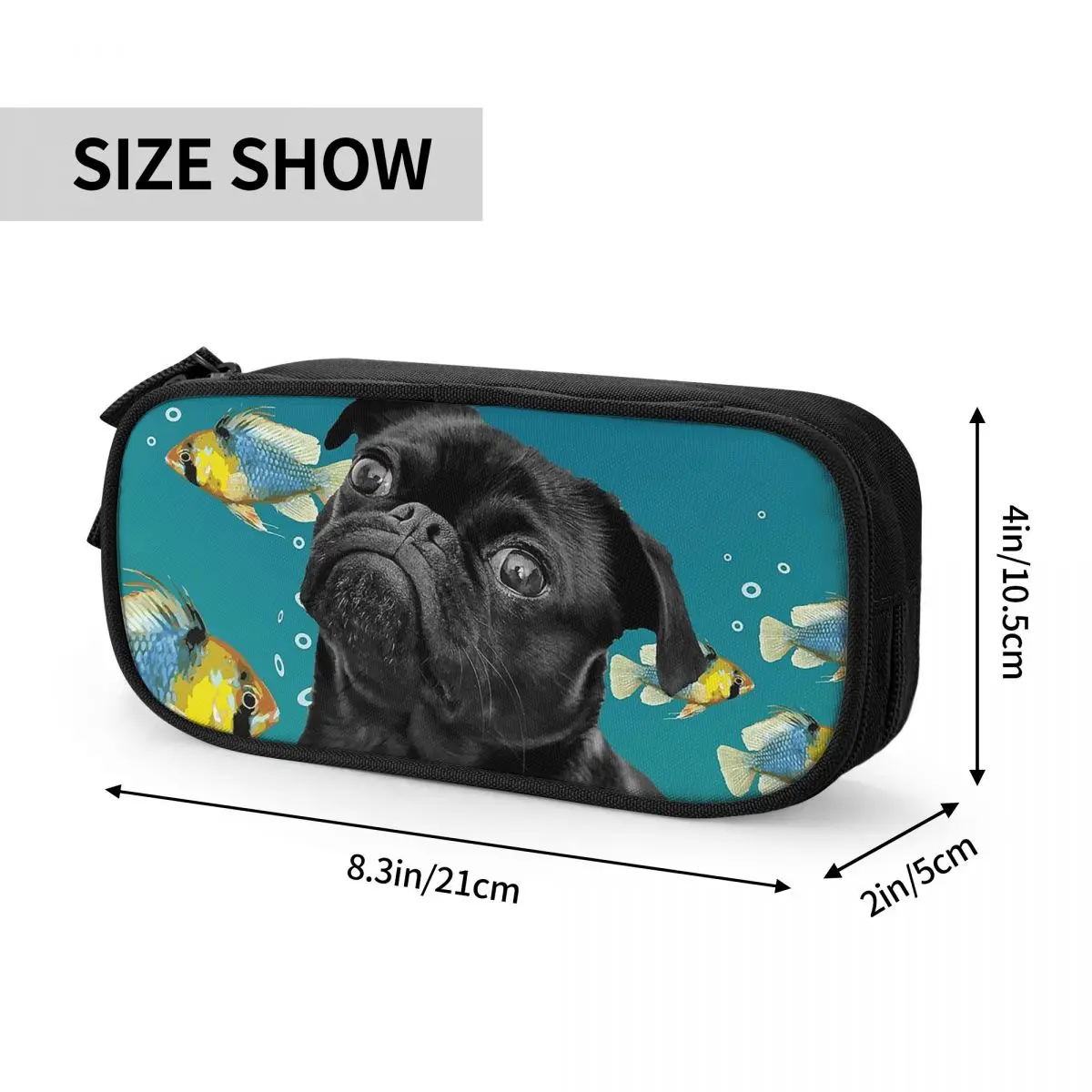 Pug preto com peixes tropicais lápis casos moda caneta titular saco meninas meninos grande capacidade estudantes escola cosméticos pencilcases