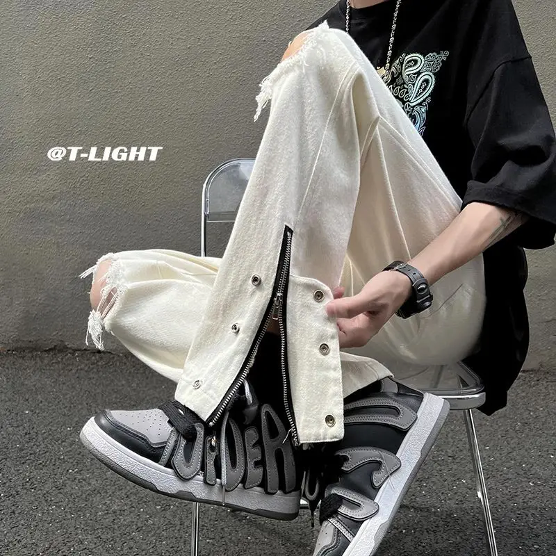 

American Vibe Style Jiangsu Zhejiang Pants High Street Ins White Ripped Jeans Men's Straight Braided Pants