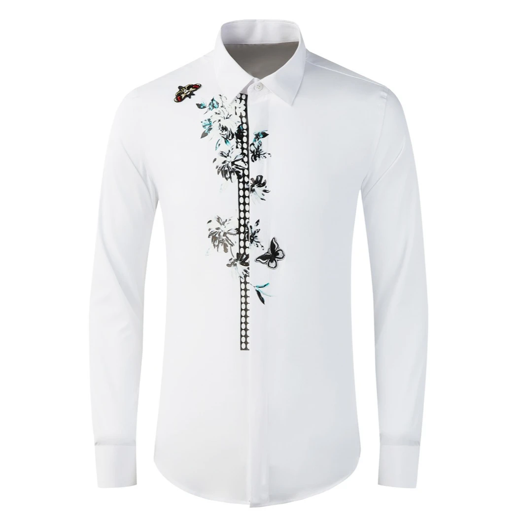

Luxury Butterfly Embroidered Men's Shirt Long Sleeve Casual Business Dress Shirts High Quality Banquet Party Mens Clothing 2025