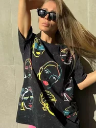 Abstract Face Printing Vintage Black T Shirt Women Short Sleeve Casual T Shirts Men Streetwear Summer 2024 Ins Korean Fashion