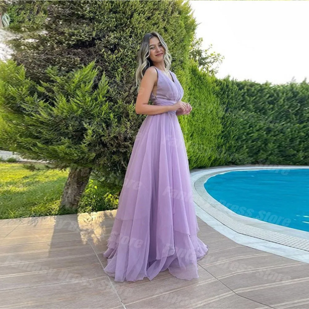 

Elegant and Moving Purple V-Neck Tulle A-line Prom Dress Long Dress Sleeveless Sexy Backless Evening Dresses فساتين الحفلات