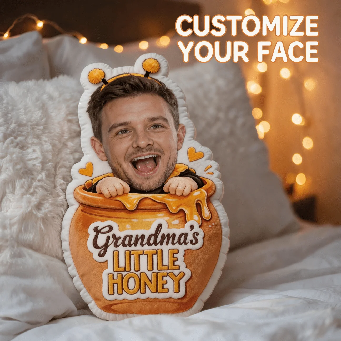 Custom Photo Shaped Pillow, Funny Face in Honey Pot Decorative Cushion, Personalized Grandma'S Little Honey Accent Pillow for So
