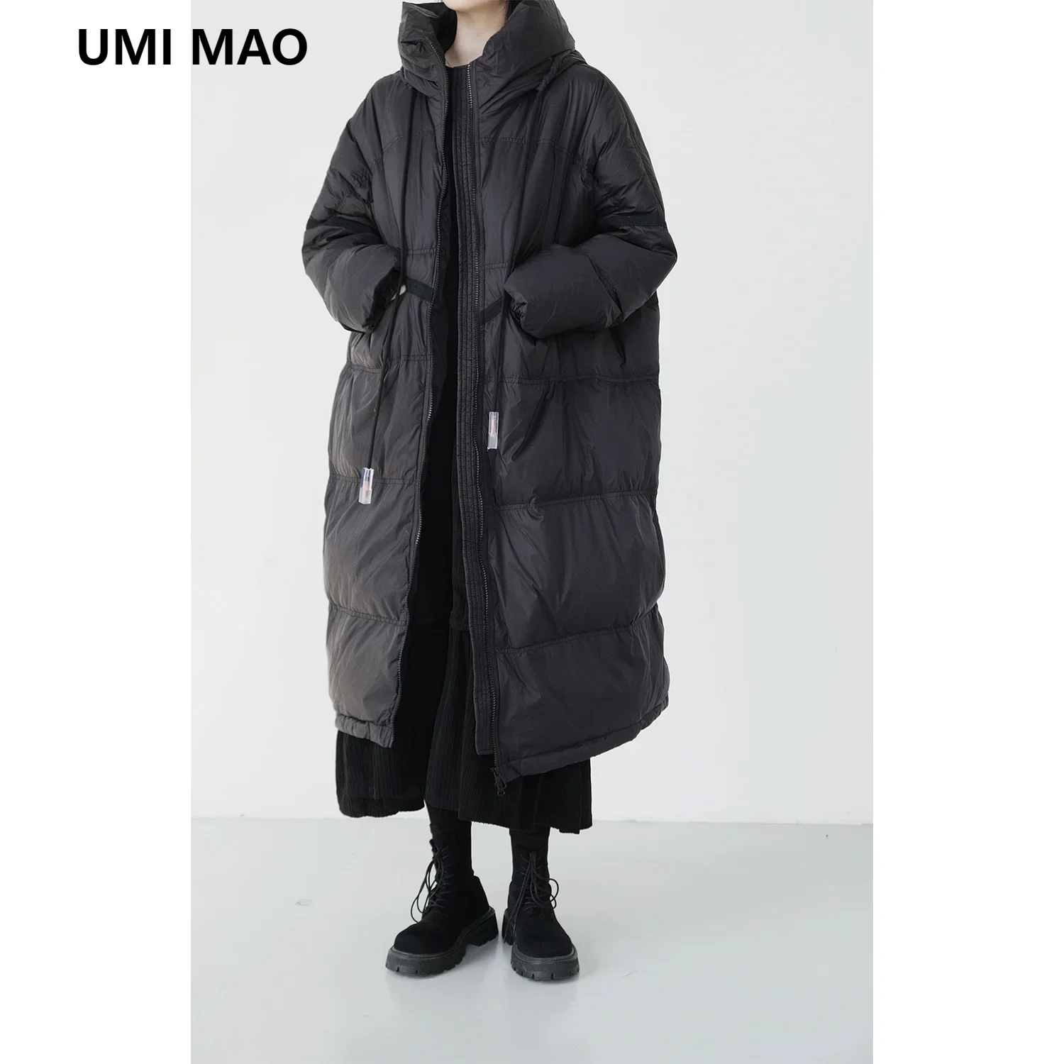 UMI MAO Heavy 90 White Duck Down Quilt Long Down Jacket Women Simple Warm Windproof Hooded Coat Femme Y2K