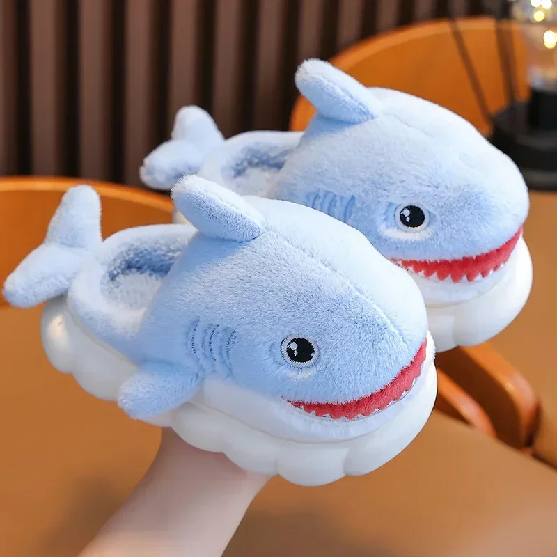 

Winter Children's Cotton Slippers for Boys and Girls Cartoon Shark Warm Plush Baby Kids Cotton Slippers