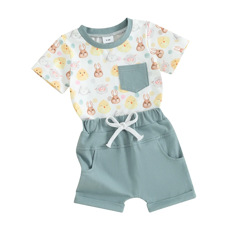 

Toddler Baby Boy Easter Outfits Bunny Letter Print Short Sleeve T-Shirt Tops Shorts Infant Summer Clothes Sets