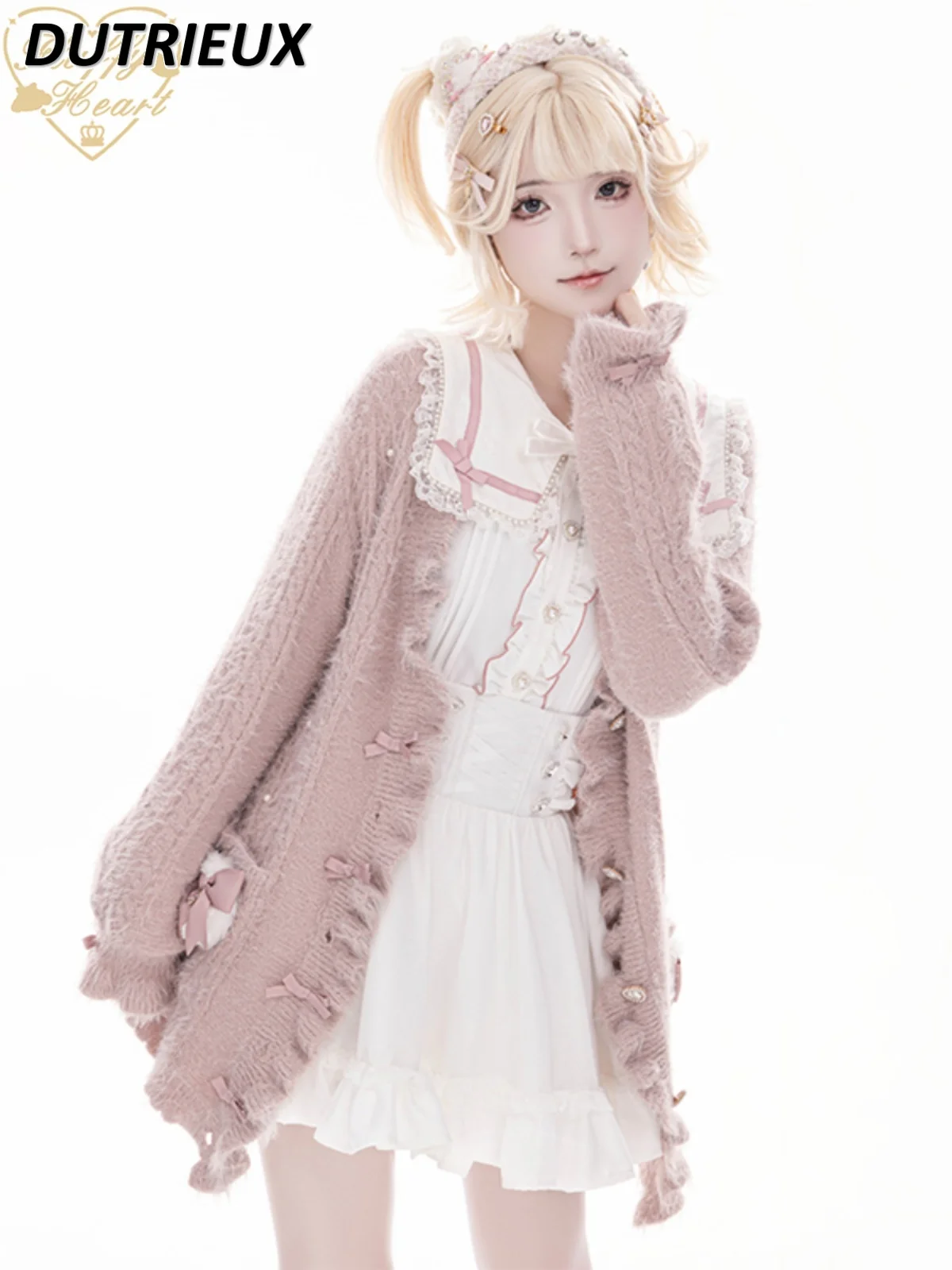 Autumn Winter Japanese Girl Three-dimensional Puff Bow Imitation Mink Cardigan Coats Long Casual Loose Knitted Sweater for Women