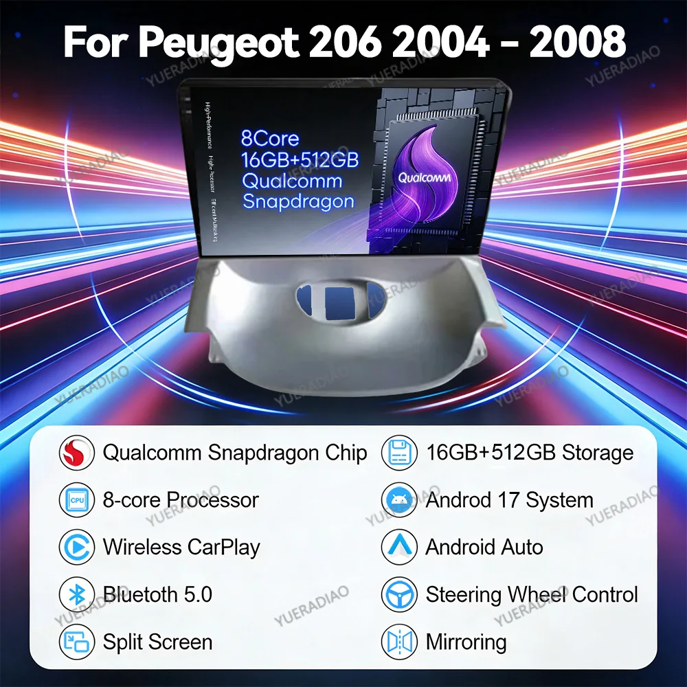 Android 17 Car Radio For Peugeot 206 2004 - 2008 Qualcomm 2DIN GPS NAVI 4G WIFI Head Unit Multimedia Stereo Video Player QLED BT