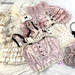 Kawaii Lolita Style Sweet 2 Piece Set Woman Cute Bow Lace Ruffles Polka Dot Vest Tops Mini Cake Skirts Suit Korean Y2k Outfits