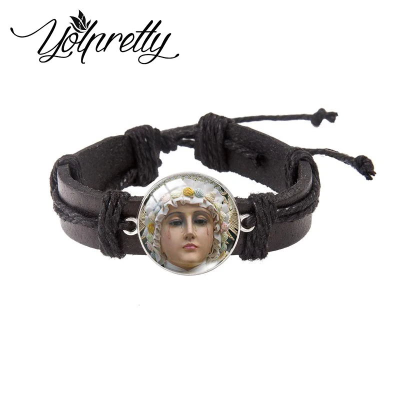 2023 New Fashion Religious Faith Jesus Mary God Glass Dome Black Leather Bracelets Handcraft Jewelry for Men