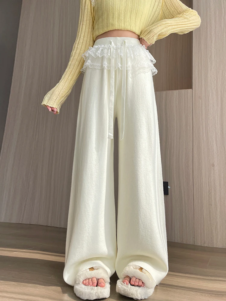 Calças de Perna Larga em Tricô com Detalhes em Renda para Mulheres, Novas e Bonitas, Calças Casuais de Outono com Sensação de Alta Qualidade