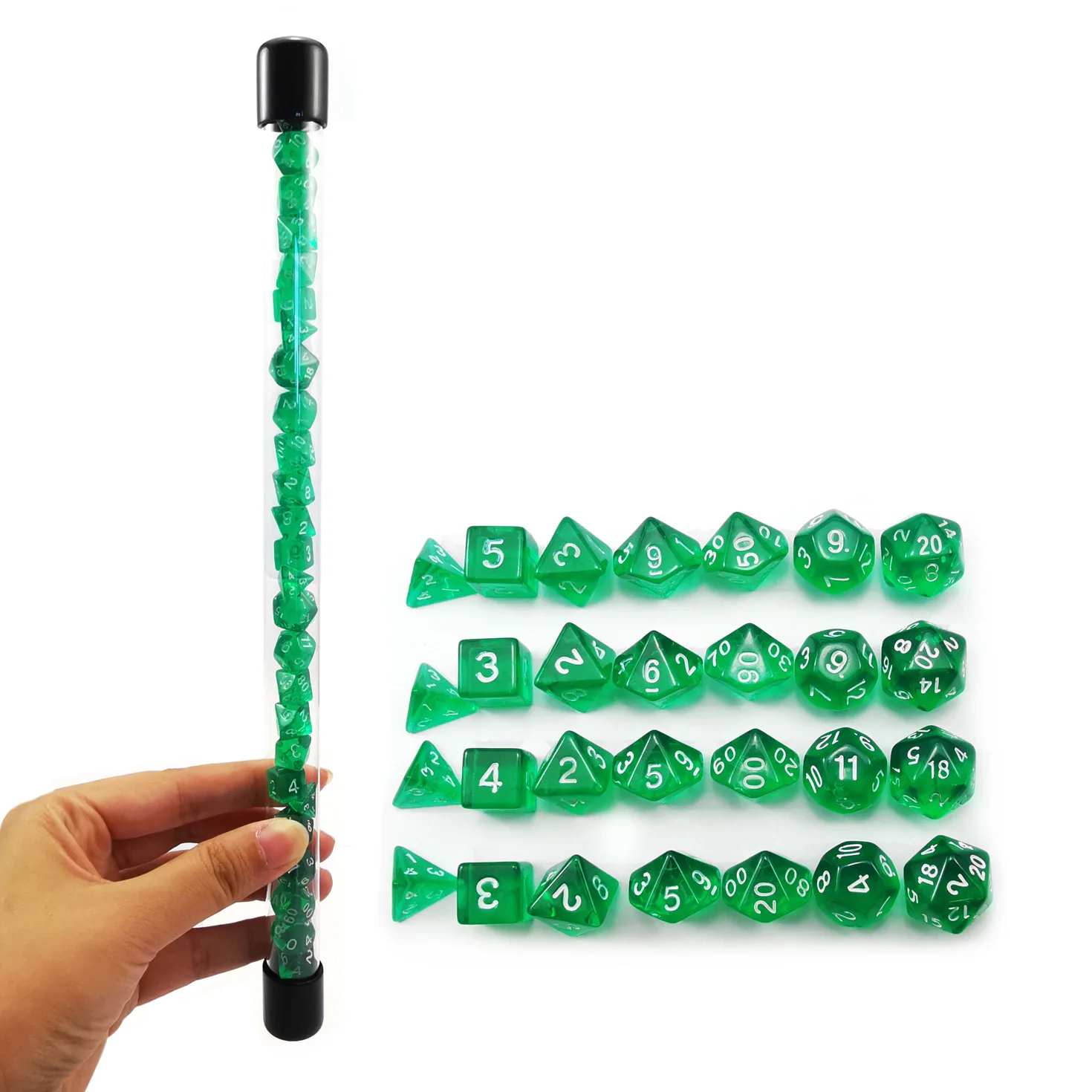 Bescon 28pcs Translucent Green Mini Polyhedral Dice Set in Tube, Mini RPG Dice 4X7pcs,Mini Gem Green Dice Tube Set