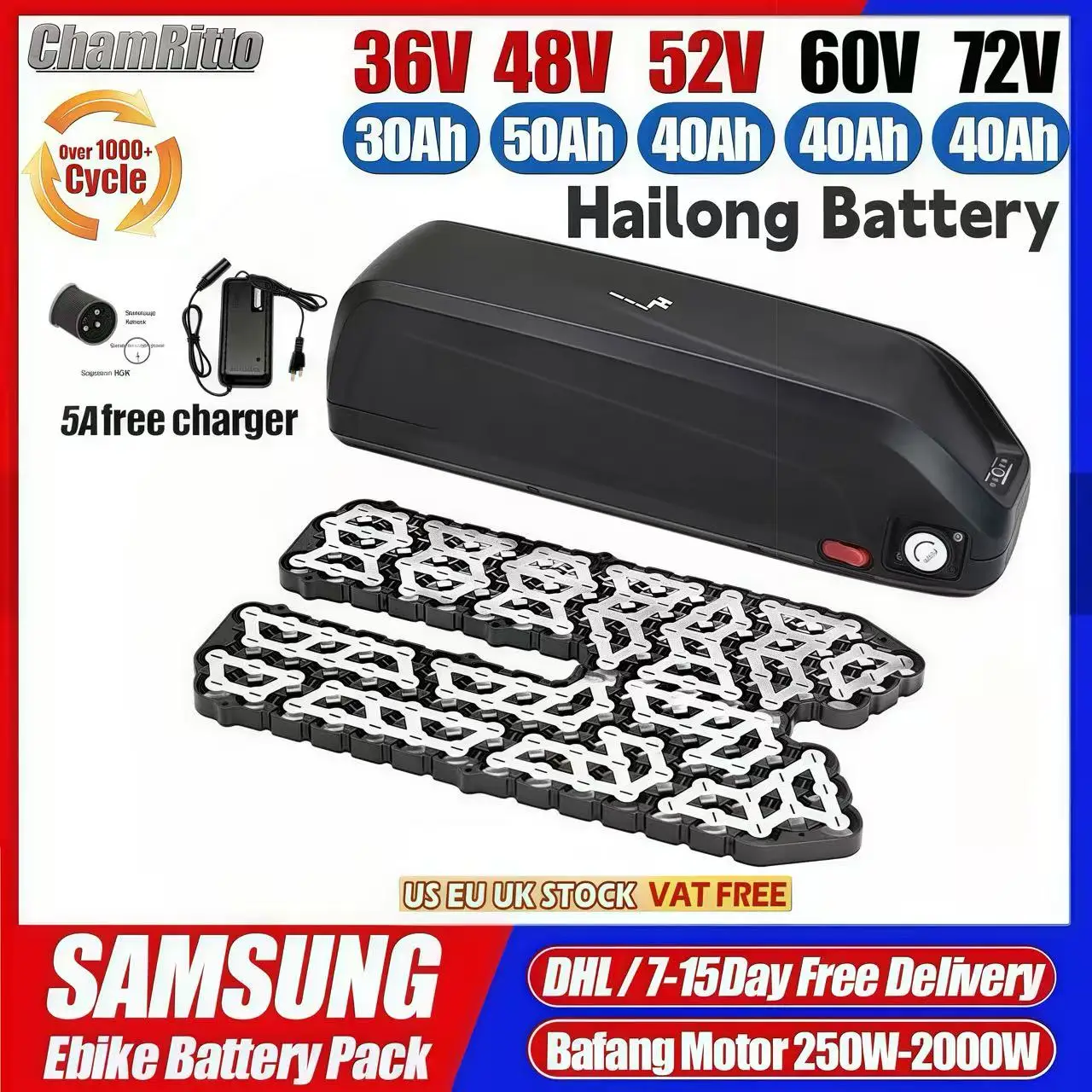 

48v36v 52v 60v 72v Hailong 24 30ah 40ah 50 60ah Batterie Velo Electrique Ebike Bateria 20ah Cham-rider Akumulator 2000w Battery