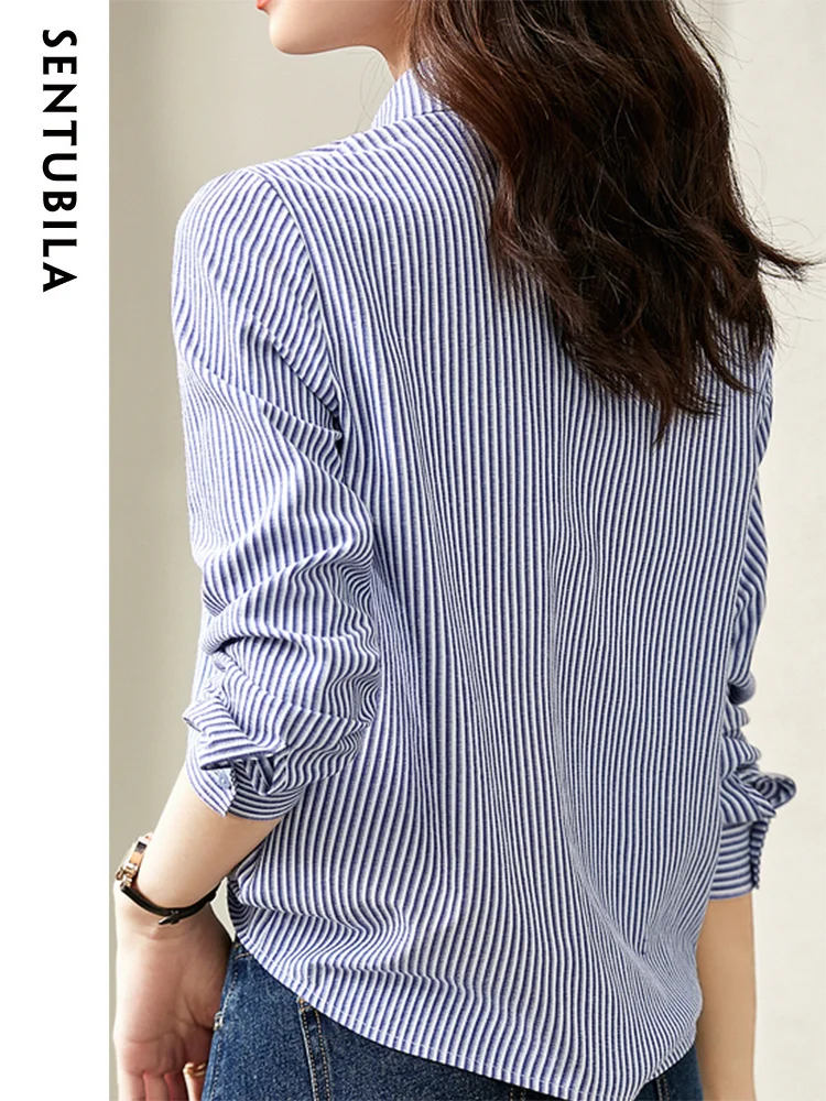 SENTUBILA Vertical Strip Embroidery Casual Shirts for Women 2024 Autumn Long Sleeve Top Lapel Button Down Shirt Blouse 123C42971