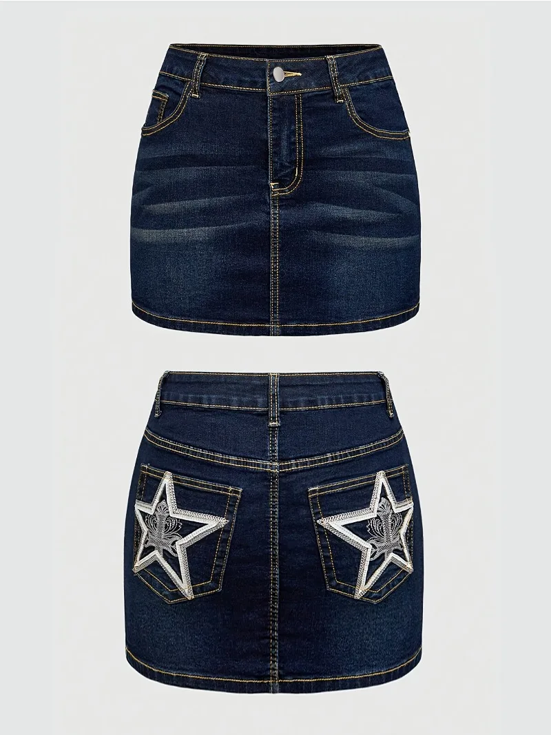 

2026 New Vintage Dark Wash Denim Mini Skirt Women High Waist Star Embroidery Jean Skirt Streetwear Casual Summer Bodycon Skirt