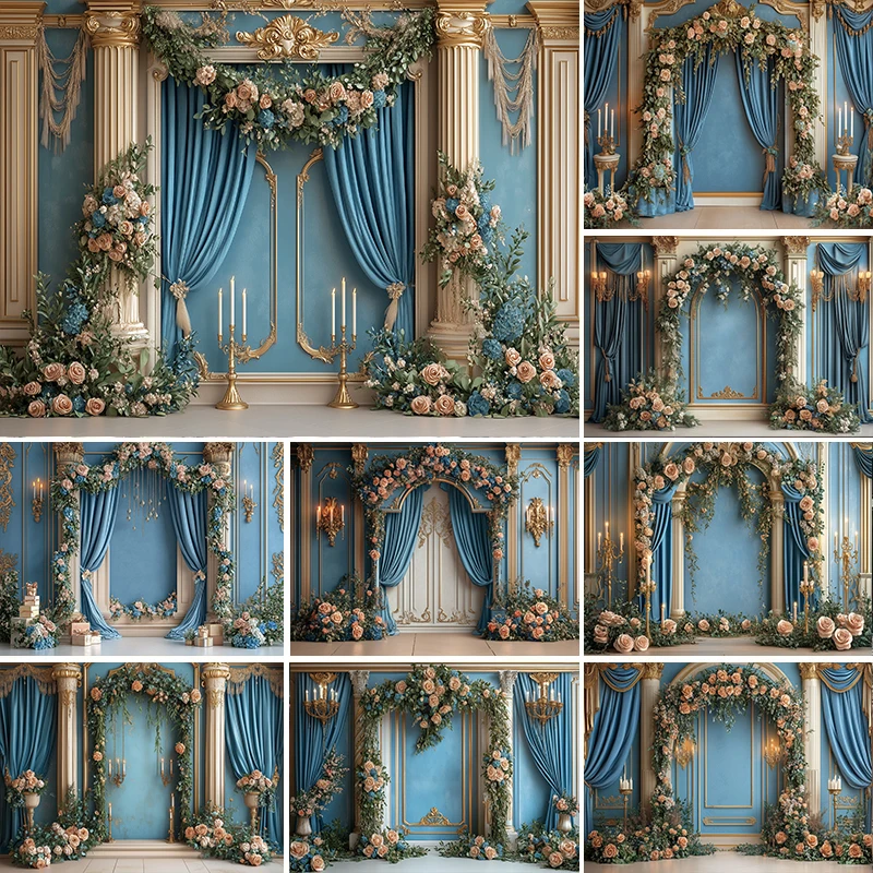 

LS Photography Background Luxury Floral Blue Palace Door Adult Birthday Wedding Maternity Portrait Decor Backdrop Photo Studio