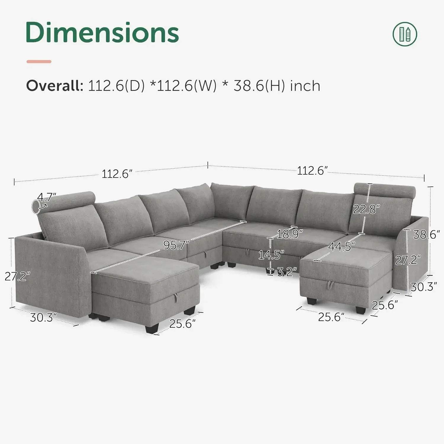 Modular Sectional Sofa U Shaped Sectional Couch with Reversible Chaise Modular Sofa with Storage Seats, Grey