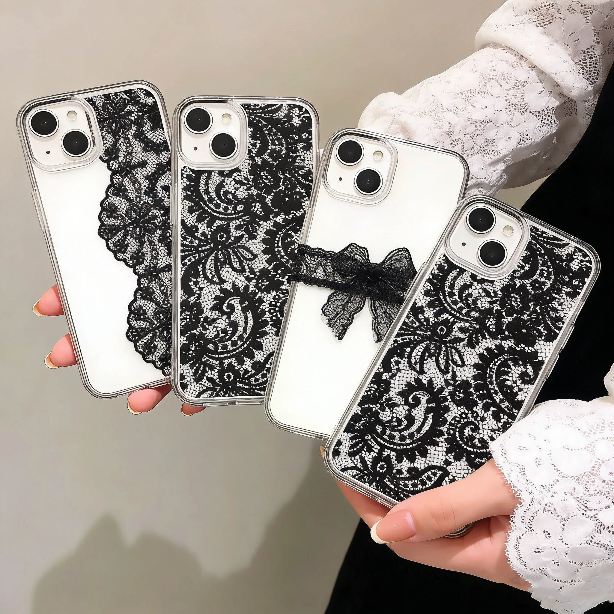 Luxury black lace Phone Case For iPhone 17 16e 16 15 14 13 12 11 Mini Air Pro Max X XR XSMax 8 Plus Transparent Soft Back Cover