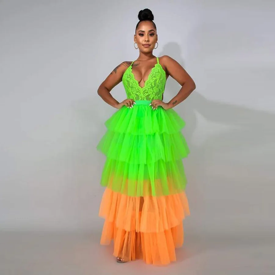 Vestidos De Fiesta escalonados con cuello en V para mujer, Vestidos De Noche De encaje sin mangas, verde y naranja, hasta el suelo, ropa Formal, Sexy