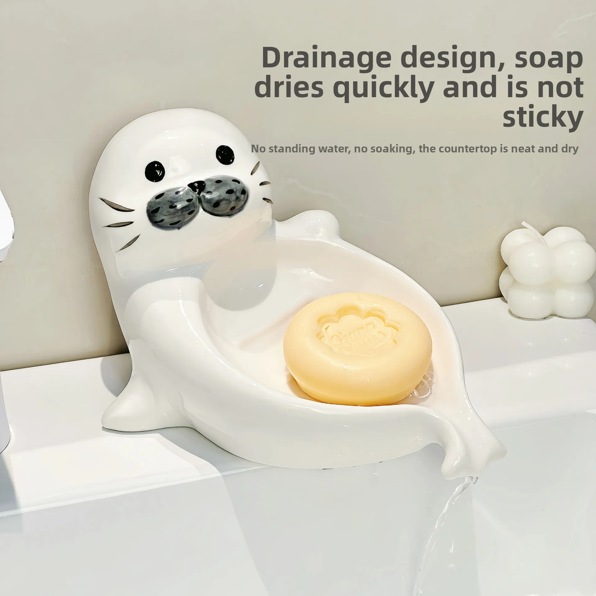 Cute Sea Lion Soap Dish for Home Bathroom, No-Drill Creative Ceramic Soap Tray, High-Value Soap Holder