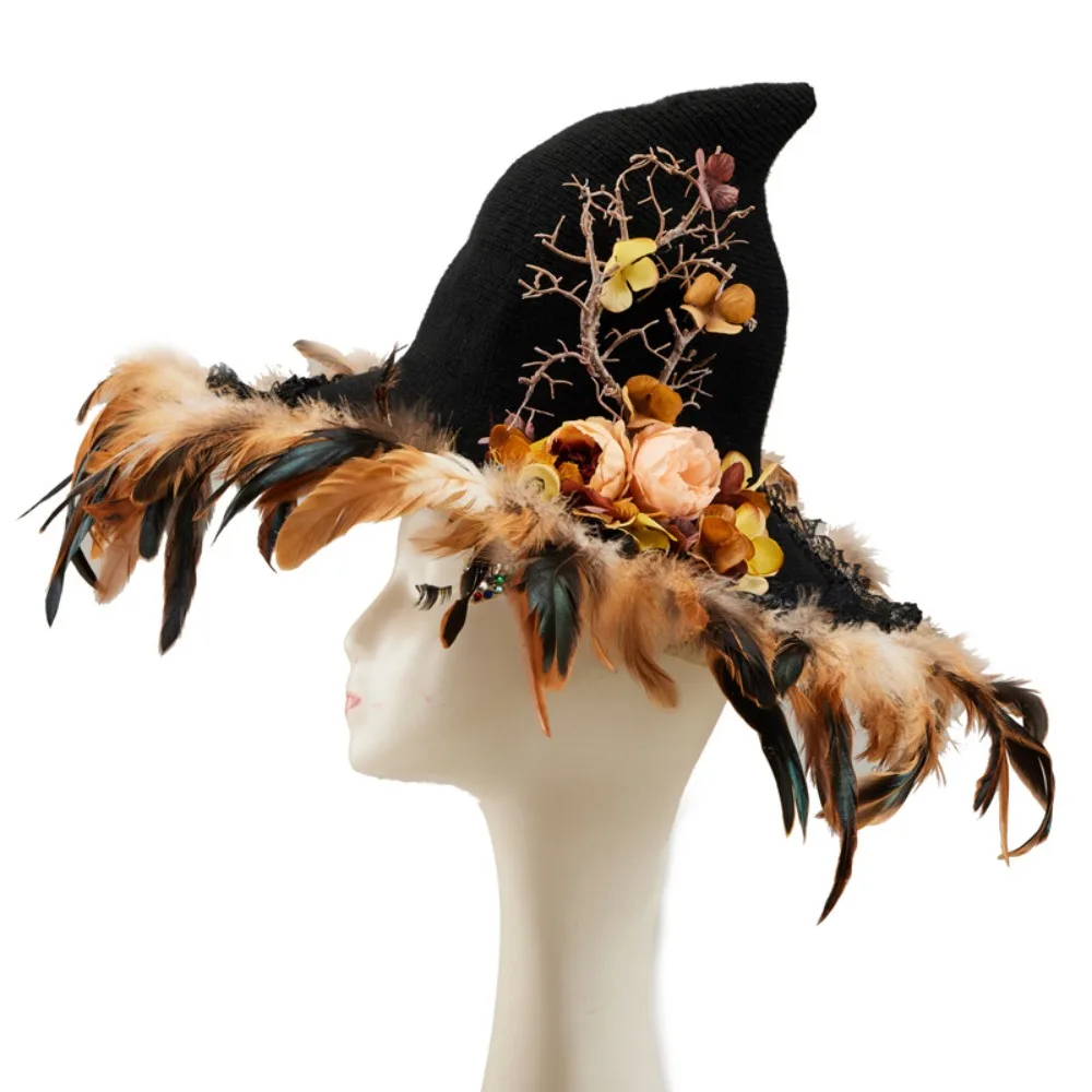 Halloween Witch Spiked Cornice Hat Goth Dark Feathers Flower Wizard Lolita Magic Hat Cosplay Accessory