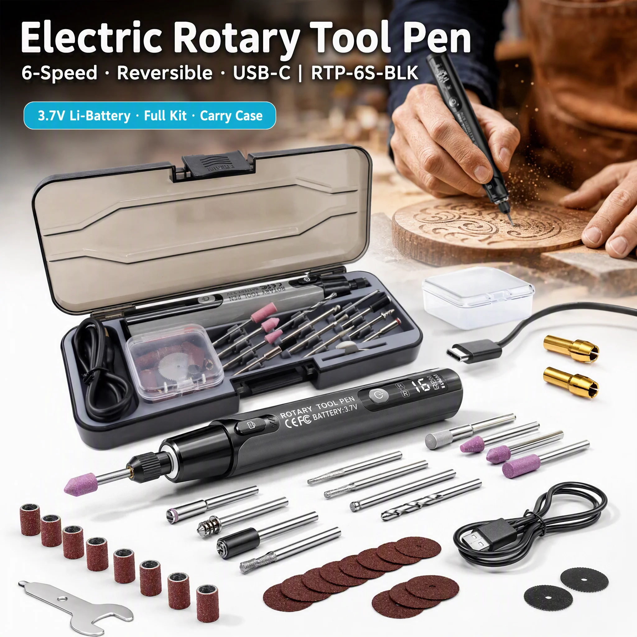 Für Mini-Elektro-Polierset, 6-teiliges Reversibles Gravurstift-Set zum Schleifen, Bohren, Schnitzen, DIY-Handwerkzeug-Zubehör