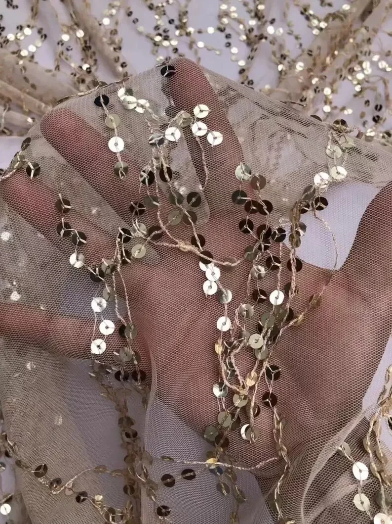 5 Colors Gold Sequin embroidery lace fabric silver sequin Tulle Fabric for For Wedding Gown, Bridal Dress, Summer Dress,
