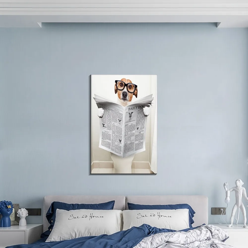 

Whimsical dog Reading newspaper Canvas wall art - humorous pet portraits, modern home decor, 1.5 inch solid wood frame