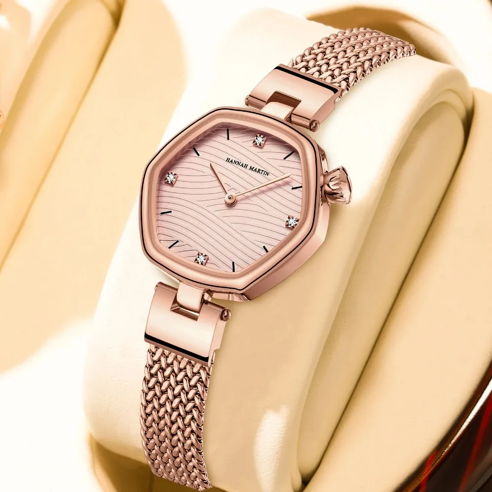 HANNAH MARTIN 1681 Stainless Steel Mesh Strap New Ultra Thin Luxury Waterproof Hexagonal Quartz Women's Watch Relogio Feminino