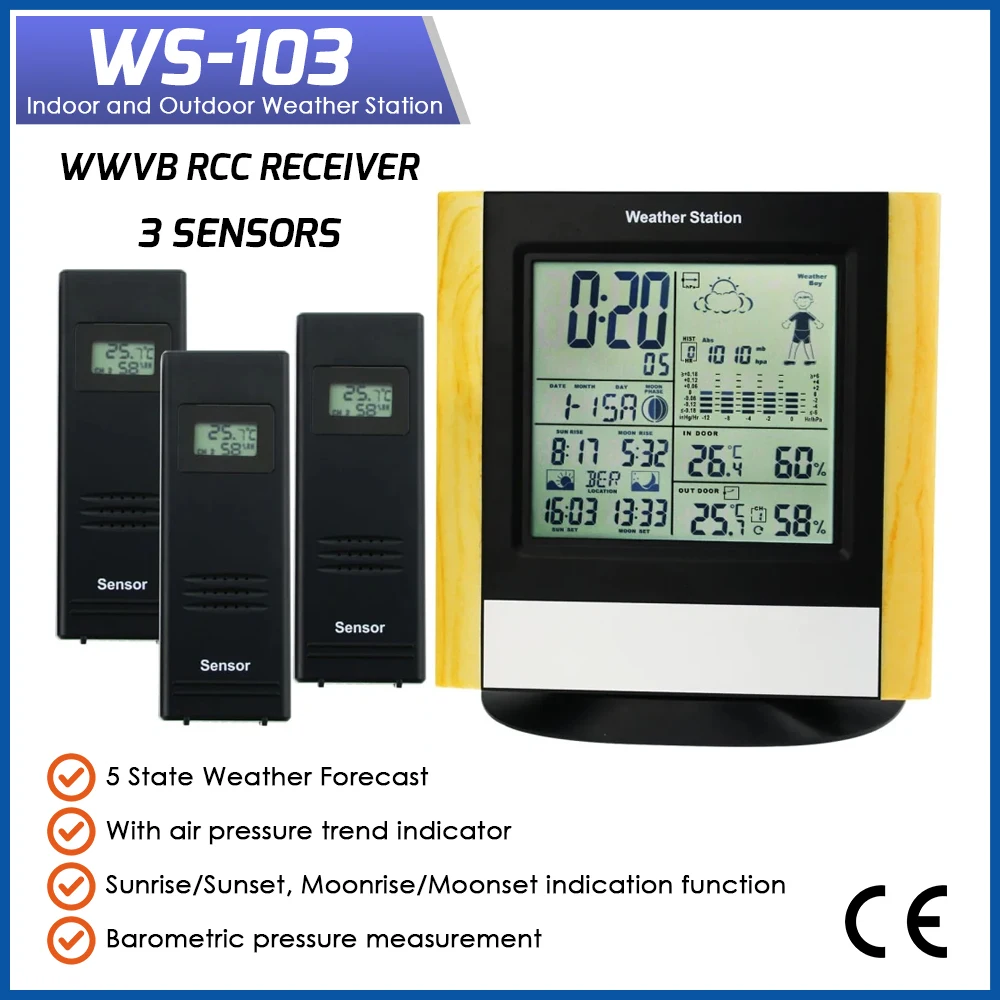 

Wireless Weather Station 3 Sensors Indoor Outdoor Humidity Thermometer Temperature Forecast WWVB RCC 3 Sensors