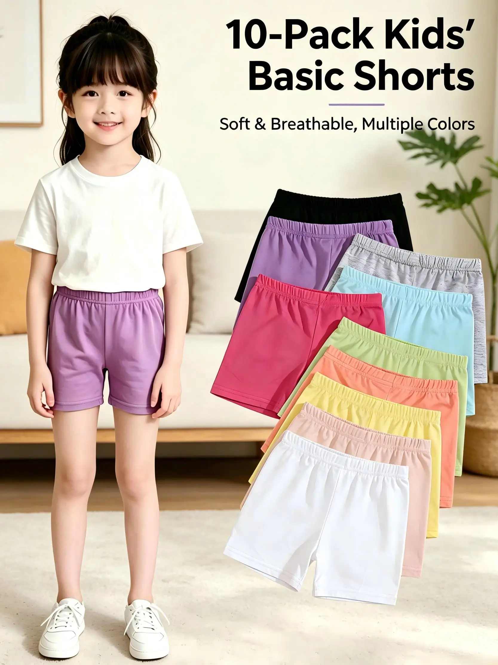 10Pcs Girls Casual Shorts Soft 5 Point Biker Shorts Kids Elastic Waist Solid Color Breathable Underwear Base Layer Bottoms