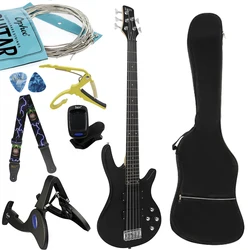 Black 5 Strings Electric Bass 24 Frets Maple Body Neck Bass Guitar with Tuner Strings Capo Stand Strap Accessories