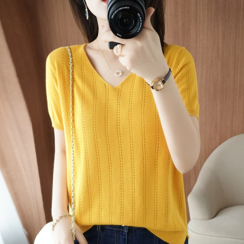 Summer New Thin 100% Pure Cotton Short-Sleeved Sweater Tees Women\'s V-neck Pullover T-Shirt Hollow Design Casual Knit Tops