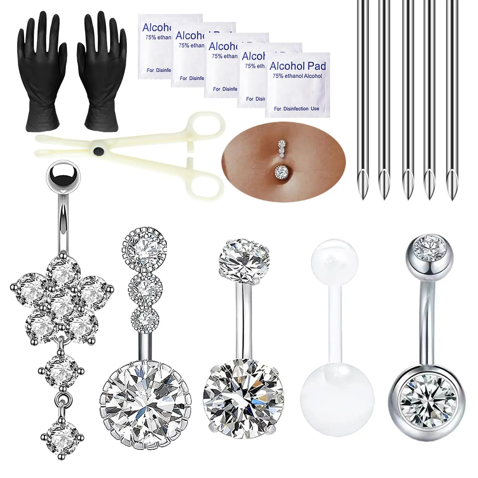 

Piercing Kit 14G Belly Button Navel Piercing Needles 12G Hollow Needle with Piercing Clamps Rings Studs Piercing Kit