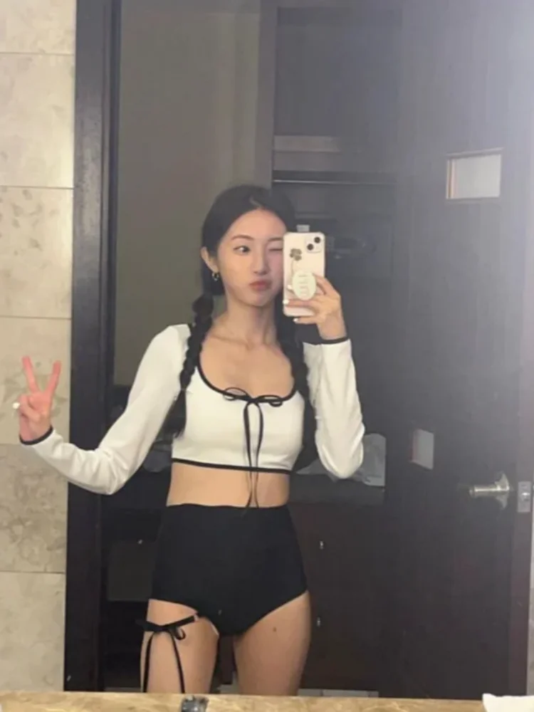 

Американский ретро пикантный купальник для девочек с длинными рукавами и высокой талией, комплект горячих источников, сексуальное женское бикини, разделенное тело