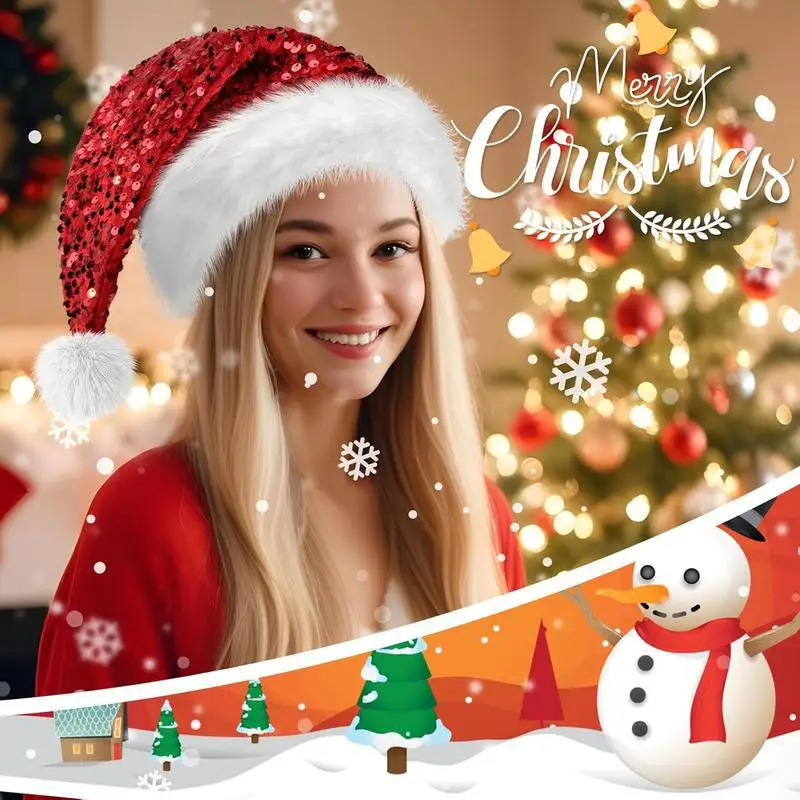 Glänzende Pailletten-Neujahrs-Weihnachtsmütze, doppellagig, rot, Weihnachtsmann-Kappen, Plüsch, flauschig, Bommel, Weihnachtsfeier, Winter, Schneemann, Beanie-Mütze