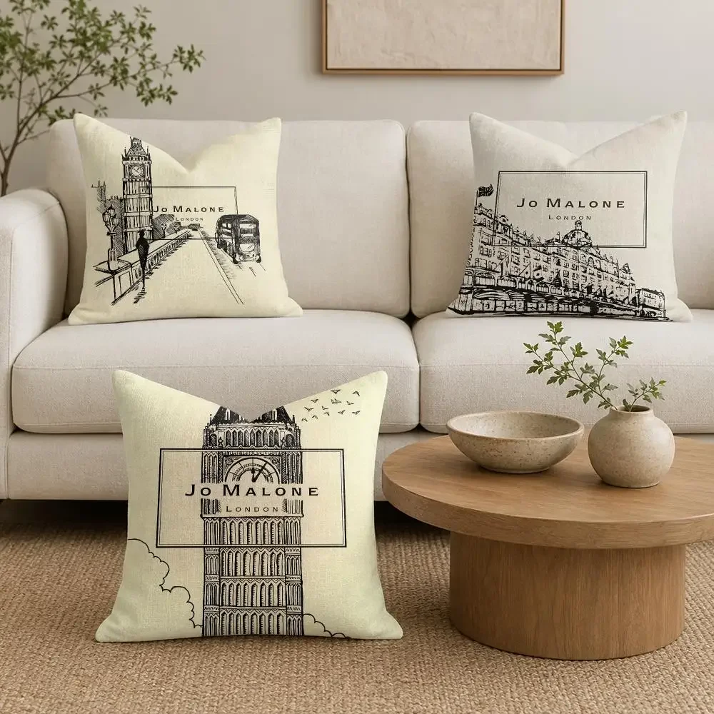 Fashion J-Jo M-Malone Luxury Cushion Cover Organic Natural Linen Pillowcase with Double Sided Print for Sofa Home Decor Gift