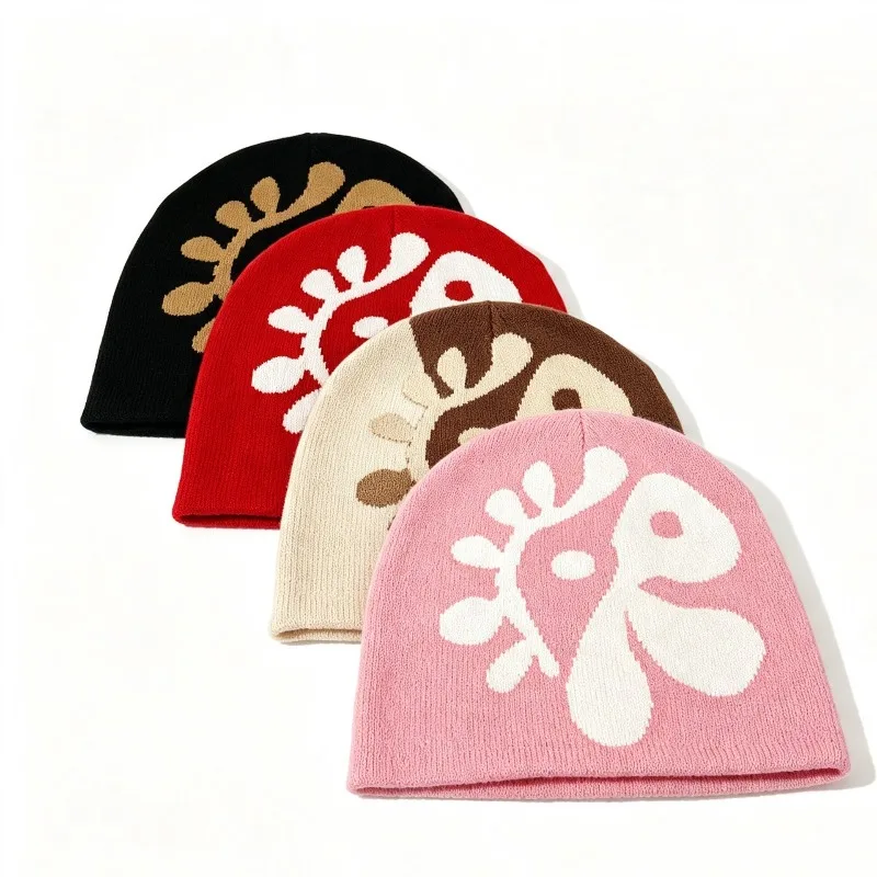 1pc Women Floral Knit Beanie Hat Flower Jacquard Skullcap Soft Stretchy Warm Cozy Headwear for Fall Winter Casual Street Outfits