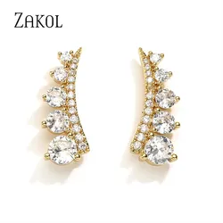 ZAKOL Fashion Shiny Zircon Arrangement Earrings for Women Korean Fine C Shape Bride Earring Luxury Wedding Jewelry Accessories
