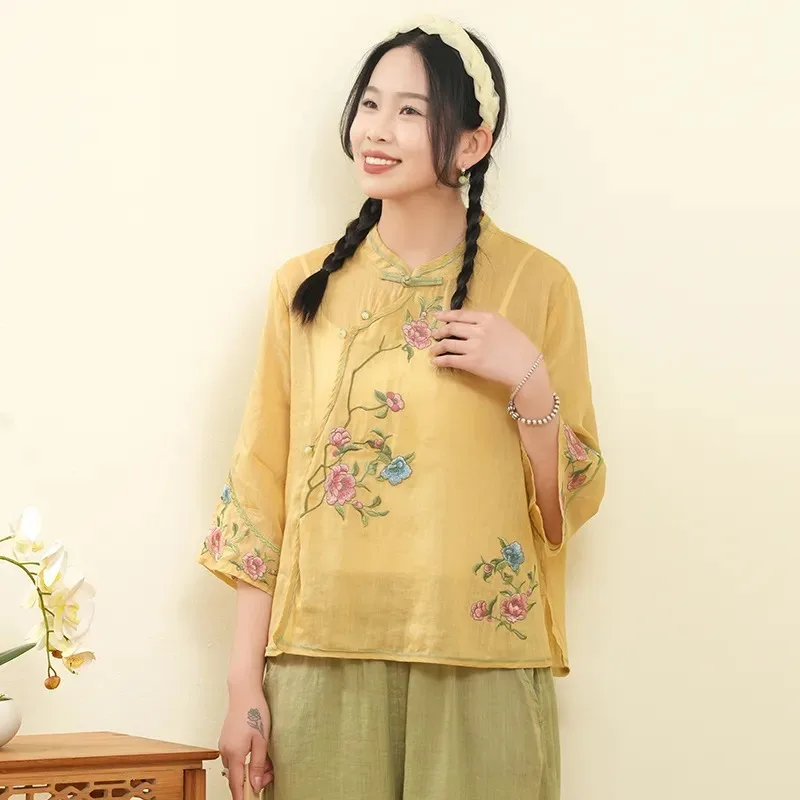 

Women's Chinese Style Linen Blouse Floral Embroidery Frog Button 3/4 Sleeve Cheongsam Top