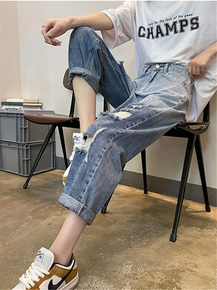 

2024 Summer New Denim Pants Women Gradient Hole Fashion Jeans Autumn Female Fashion Casual Loose Harem Pants Pantalones De Mujer