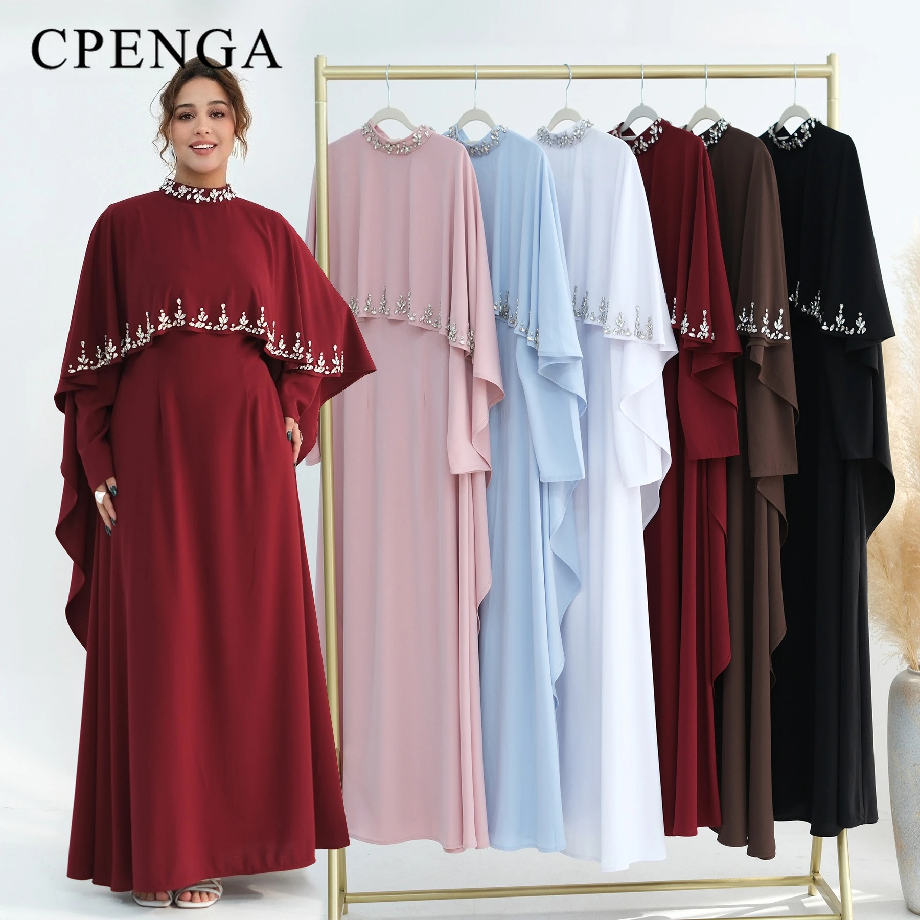 

Two Piece Luxury Dubai Abaya with Rhinestone Cape Elegant Ramadan Muslim Women Modest Dress Plus Size Islamic Holiday Outfit