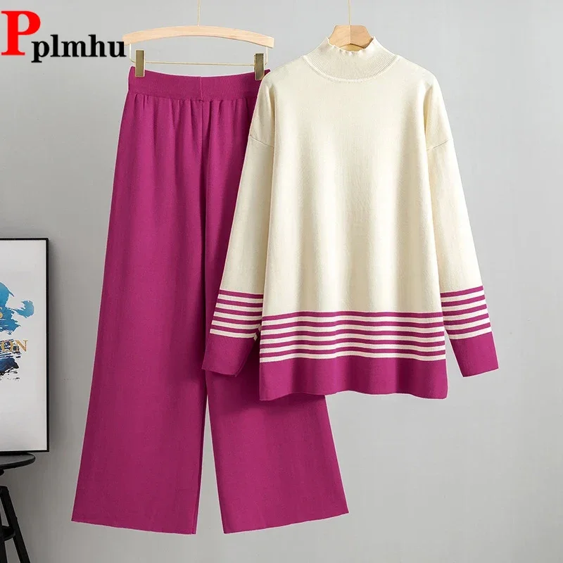 

Women New Half High Collar Sweater Tops Suits High Waist Baggy Wide Leg Sweatpants Ensemble Striped Knit Pullover 2 Piece Sets
